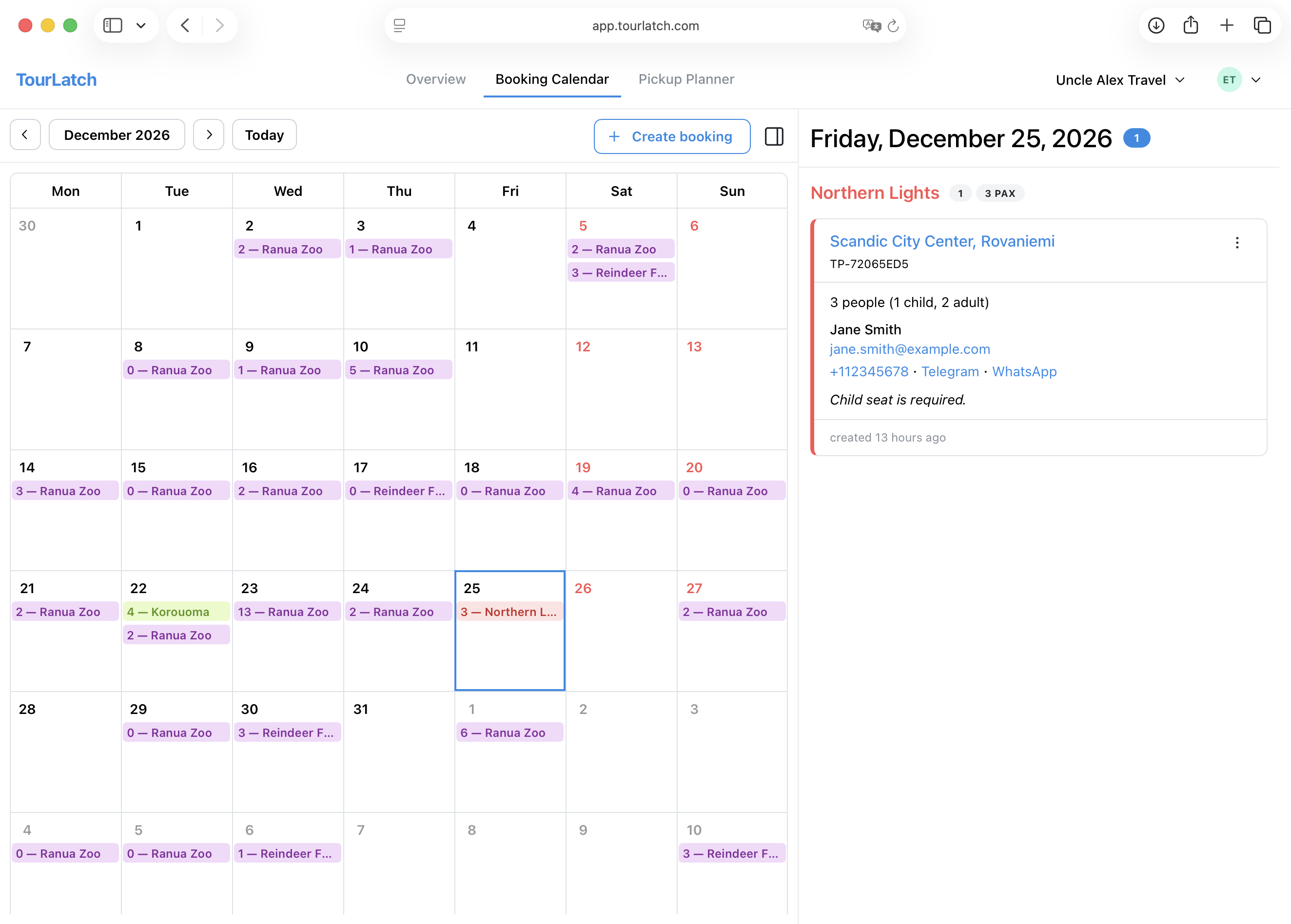 TourLatch Booking Calendar page screenshot
