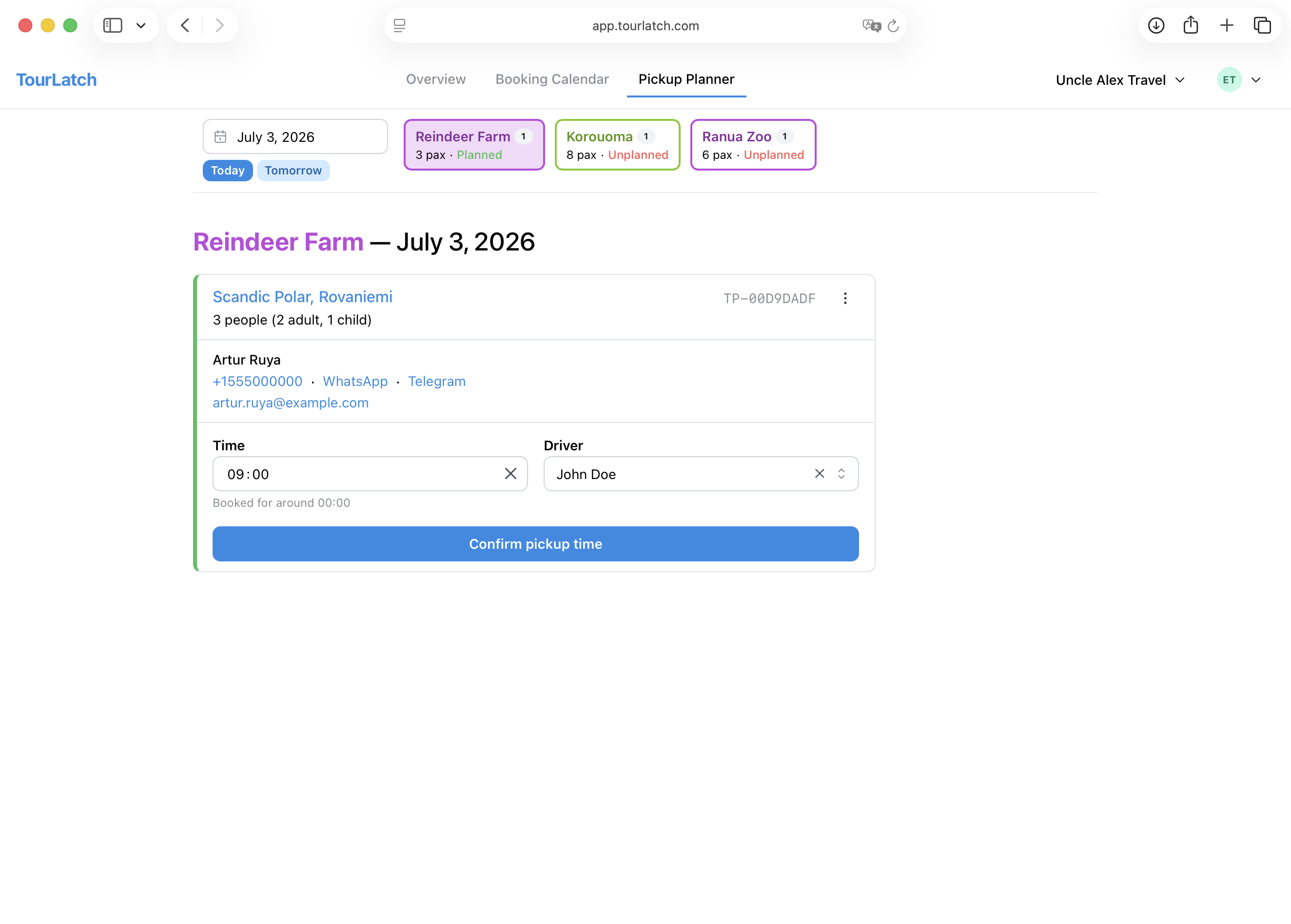 TourLatch Pickup Planner page screenshot